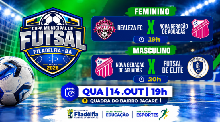 Cartaz de divulgação dos jogos da Copa Municipal de Futsal de Filadélfia em 14 de outubro.