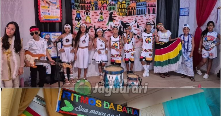 Estudantes apresentam trabalho durante a XVII Feira Pedagógica da Escola Branca de Neve, em Jaguarari.